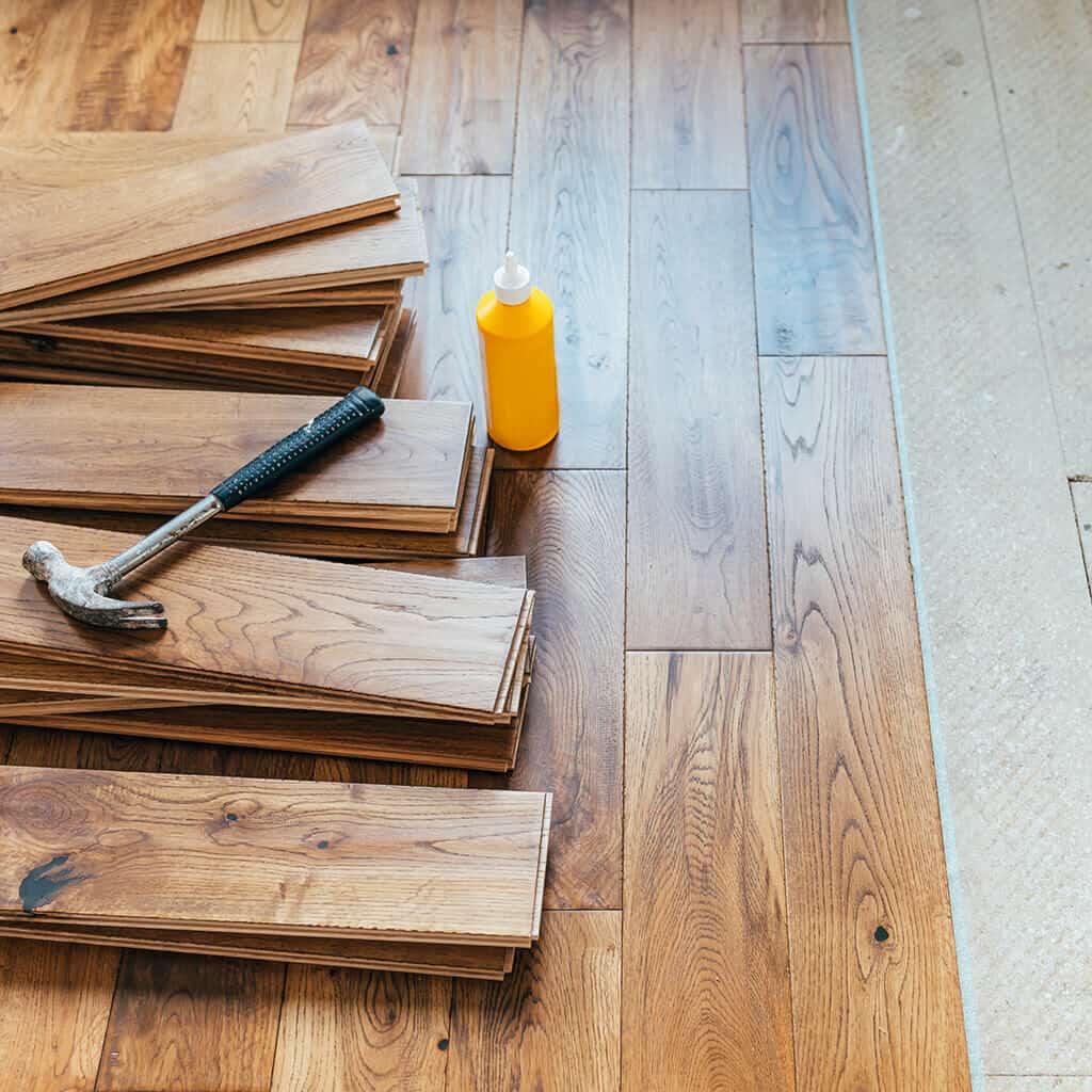 Hardwood floor installation in progress
